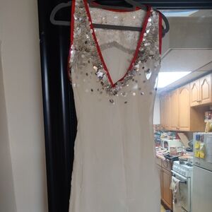 White Dress with Silver Sequins and Red Trim